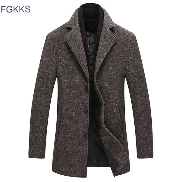 

fgkks men winter wool coat 2019 men's new casual warm thick solid color wool blends woolen pea coat male trench overcoat, Black