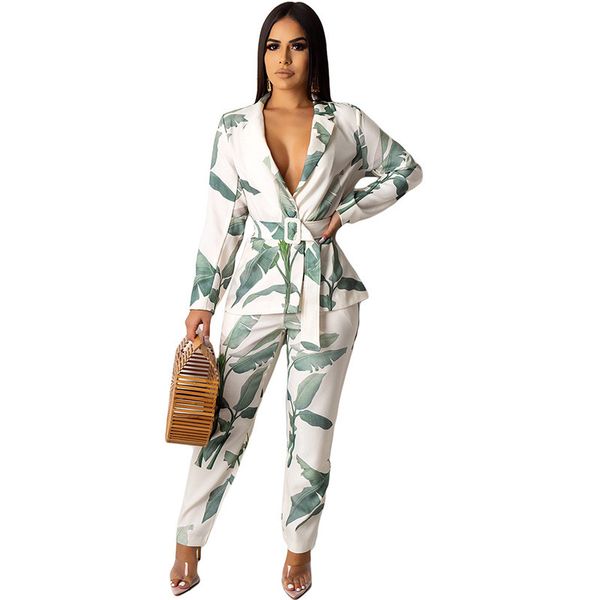 

women's office lady two piece sets work business elegant notched collar blazer and pant suits leaf print 2 piece outfits, White;black
