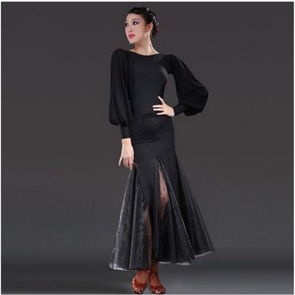 

stage wear ballroom dance costumes senior ice silk long sleeves skirt 2pcs set for women suits, Black;red