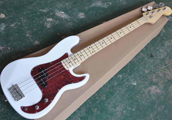 Фабрика оптом 4 струны белые электрические бас-гитара с красным жемчужным пикавтором, кленовым пальцем, хромированные аппаратные средства