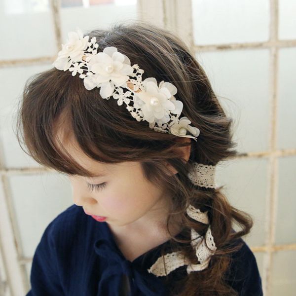 

korean fashion sweet princess headband long lace ribbon flower hairbands wreath girls headwear kids hair accessories, Slivery;white