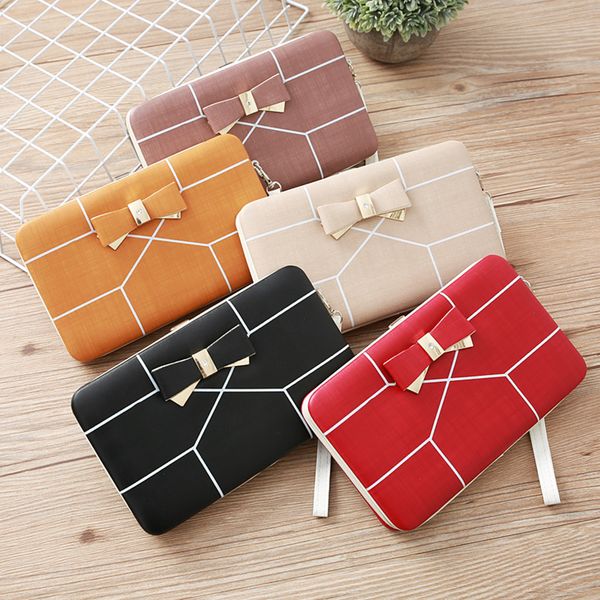 

ladies bowknot multifunctional pu leather pouches wristlets long clutches wallet coins purses handphone organizer wallets girls handbag, Red;black