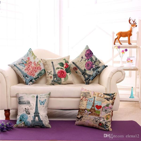 

new cotton linen decorative pillow case eiffel tower printed home seat pillowcases 45x45cm sofa pillowcase 240474