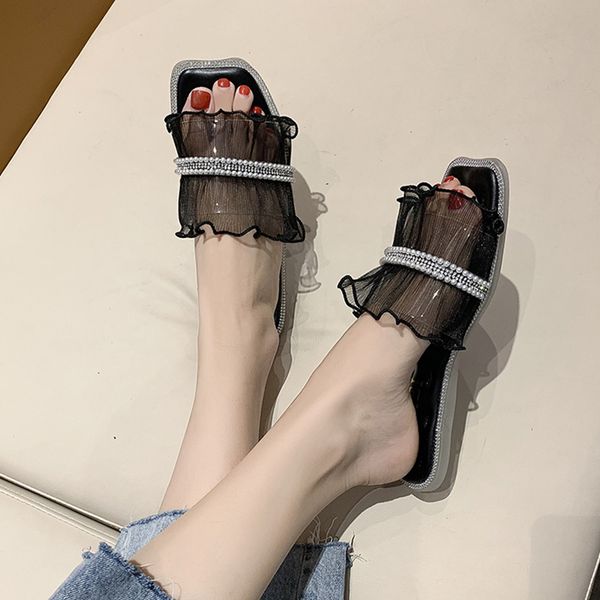 

slippers casual lace shoes woman 2020 slipers women string bead rubber new soft flat tpr slides pu basic fashion fabric, Black