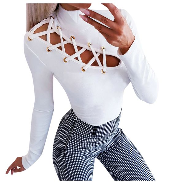 

women blouse 2019 new style hollow out slim fit long sleeve casual round neck shirt solid bandage sheath blouse, White