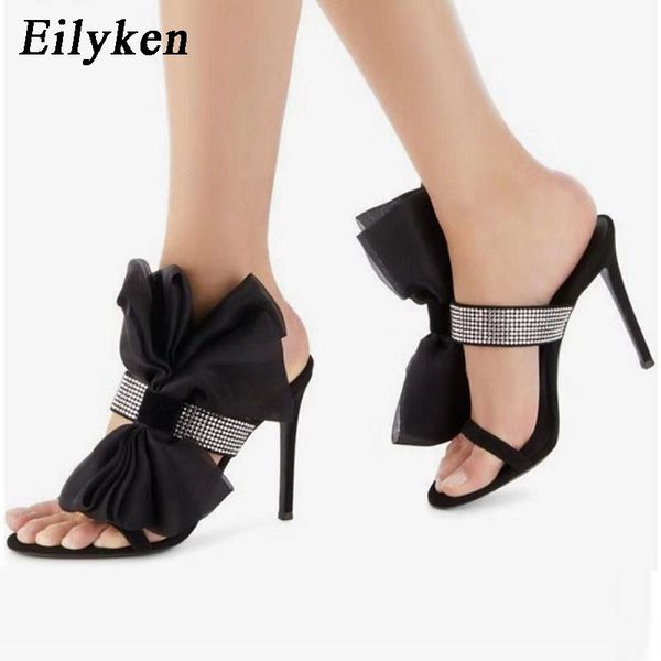 

eilyken 2020 new rome women mules slippers summer fashion diamond female shoes open toe bowknot thin high heels ladies slippers, Black