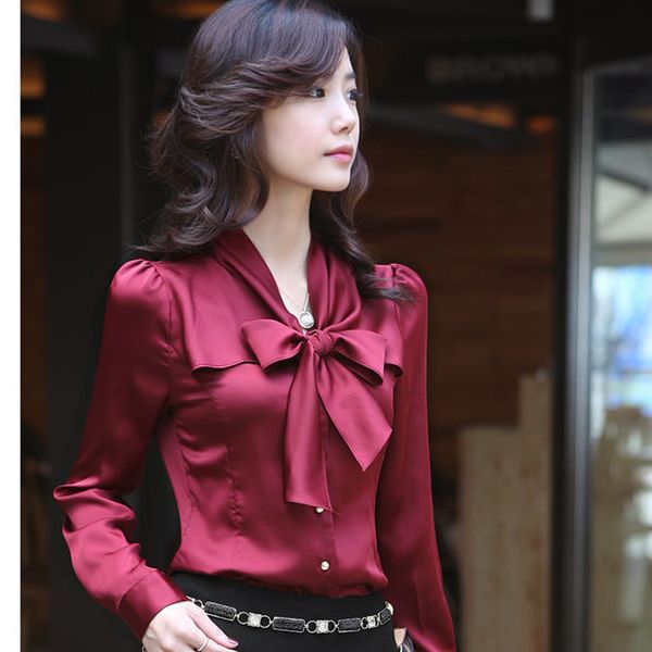 

spring clothing new style shirt women's elegant korean-style slim fit imitated silk fabric wine red shirt business formal wea, White