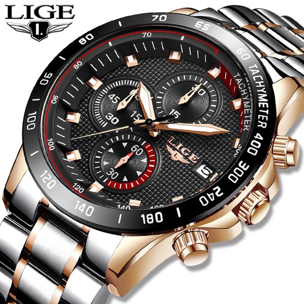 

relogio masculino 2020 new watches men lige chronograph men sports watches waterproof full steel quartz men's watch, Slivery;brown