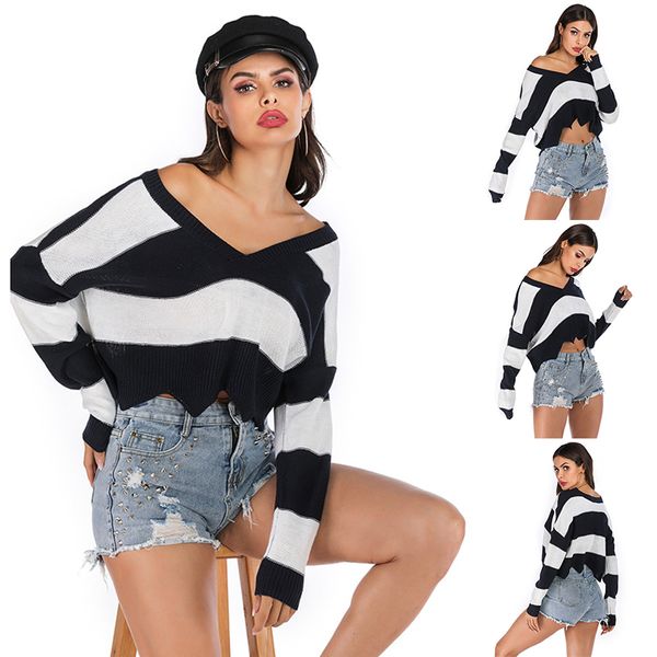 

black white striped long sleeve knitted sweater women v neck crop sweters women invierno 2019 autumn pullover pull femme, White;black