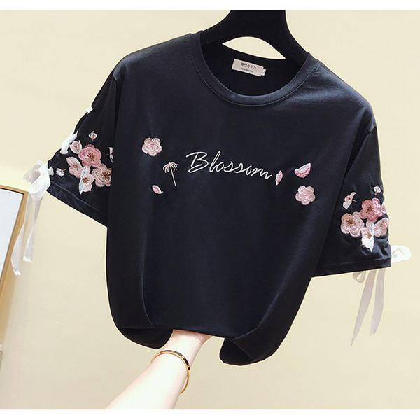 

2020 new summer floral tees woman funny letter embroidery t shirt women black white o neck cotton short t shirt femme