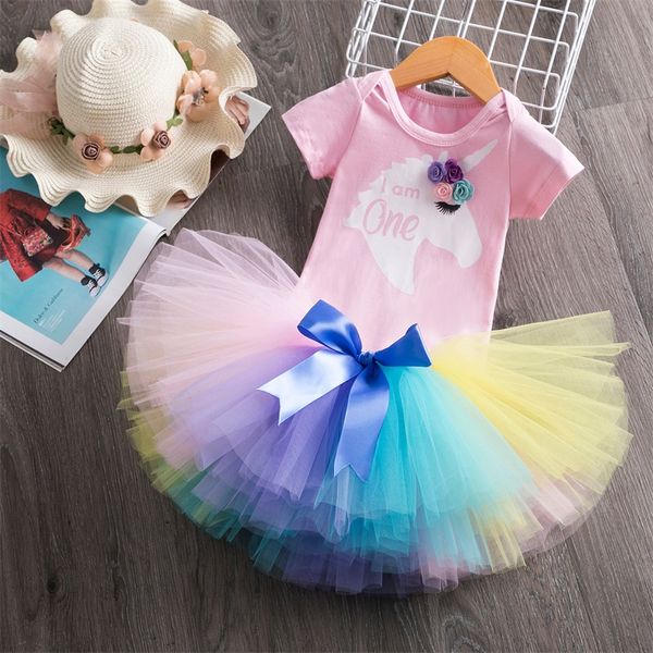 

baby tutu dress unicorn christening gown baptism clothes newborn kids girls birthday princess infant party costume for 1 year, Red;yellow