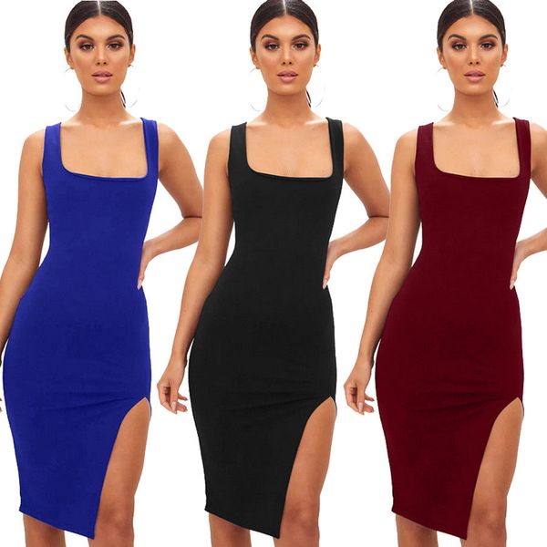

new style fashion women solid sleeveless side split party skinny knee length pure color sheath dresses, Black;gray