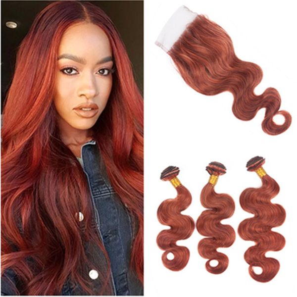 Peruvian Dark Auburn Body Wave Human Hair 3bundles With Closure
