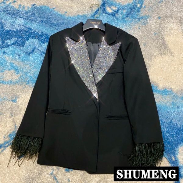 

streetwear 2020 autumn new heavy rhinestone drilling collar furry cuffs long sleeve suit jacket lady black blazer coat, White;black