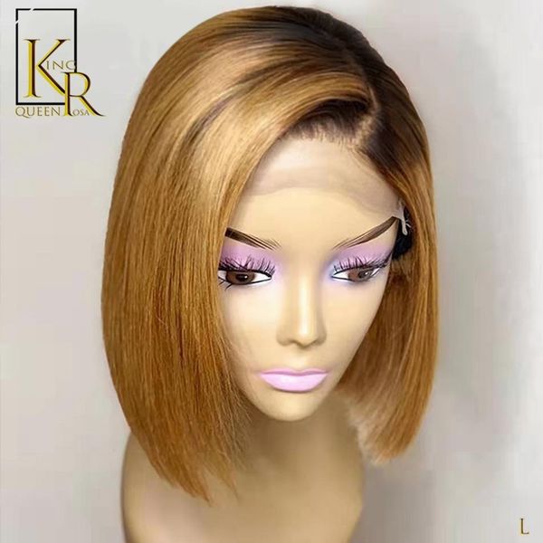 

1b 27 ombre 13x4 wigs honey blonde glueless lace front short bob wigs straight peruvian human 130% remy low ratio bleached hair, Black;brown