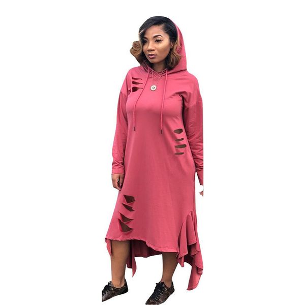 

casual hollow sweatshirt dress autumn women long sleeve hooded irregular dress casual ladies pink loose maxi hoodie dress nzk-1680, Black;gray
