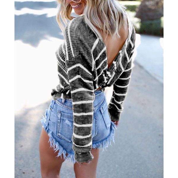 

women's t-shirt stripe t shirts women autumn long sleeve knot backless causal tshirt o-neck korean streetwear clothes sj3891v, White