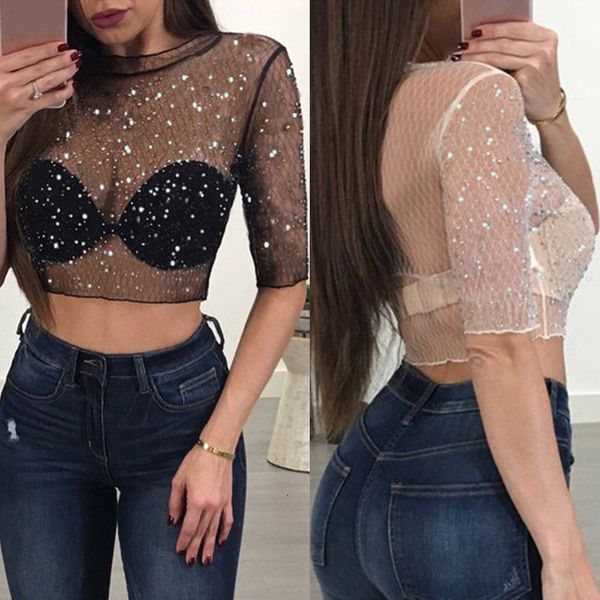 

crop womens fashion tank transparent s crop women short sleeve flower mesh camisole crop shirt blouse tee women, White