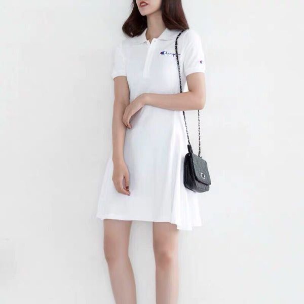 

Summer Women Embroidery Shirt Dress Casual Big C Cotton Polo A-Line Skirt Female Fresh Sweet Apparel