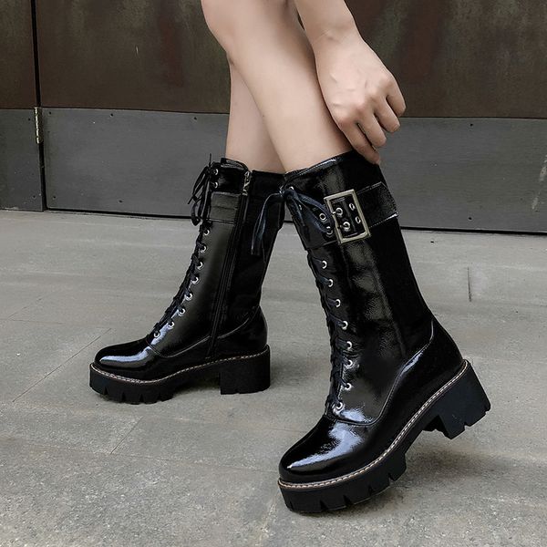 

ymechic black patent pu mid calf square high heel gothic shoes punk platform heeled rock punk goth motorcycle boots winter 2019