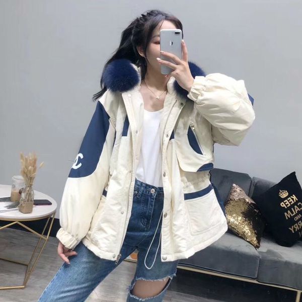 

Real fur coat natural navy blue fur collar 2019 winter jacket women loo e hort down coat white duck down jacket thick warm down h190926, Black