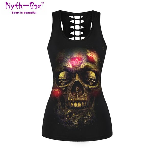

women sport vest skull 3d print women yoga shirt femme running fitness t-shirt hollow out slim tank gym workout blouse, White;red