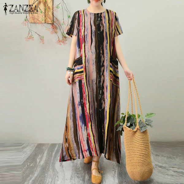 

zanzea summer vintage striped printed sundress women o neck short sleeve casual long dress plus size robe femme maxi vestido, Black;gray