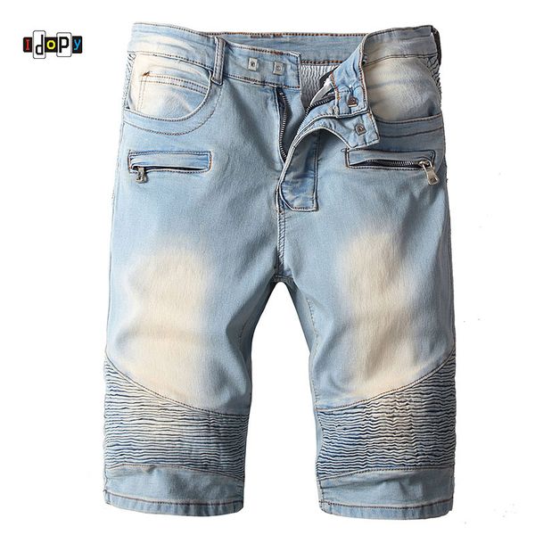 

idopy men`s denim shorts designer washed vintage motorcycle high street multi pockets biker jeans pants for male, Blue