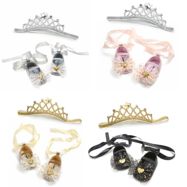 

toddler baby girls soft sole crib shoes newborn lace bow princess shoes+headband 2pcs baby set infant cute party first walkers