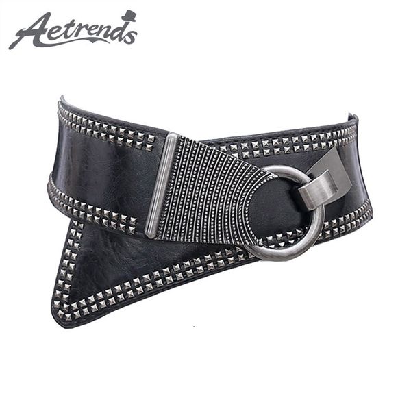 

aetrends] fashion diagonal cross pu leather hip belt cummerbunds cinch belts for women belt wide waist strap belts d-0101 y191130, Slivery;black