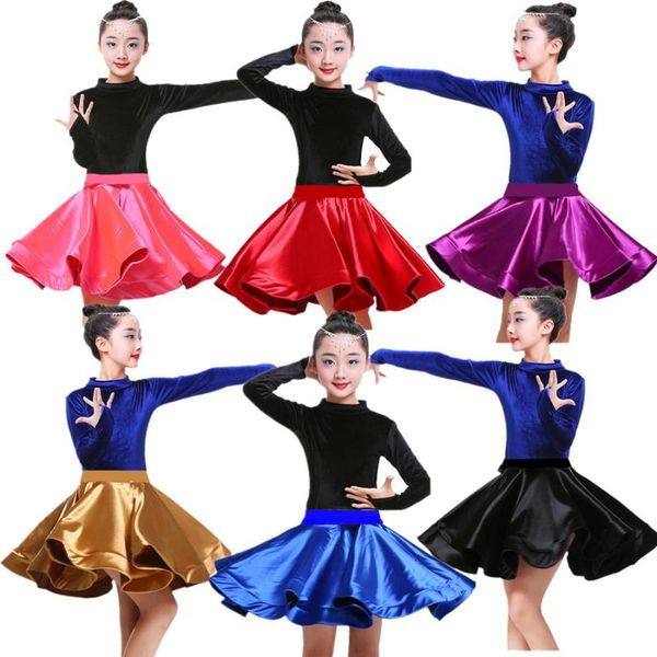 

new kids girls velvet latin dance dresses gymnastics dancewear tango salsa costume big circle ballroom skirt for girls, Black;red