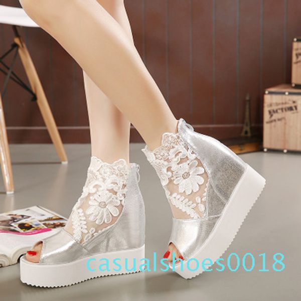 

wedge sandals inside the thickening high-heeled muffin bottom flat shoes fish mouth lace hollow 2019 summer new fast delivery c18, Black