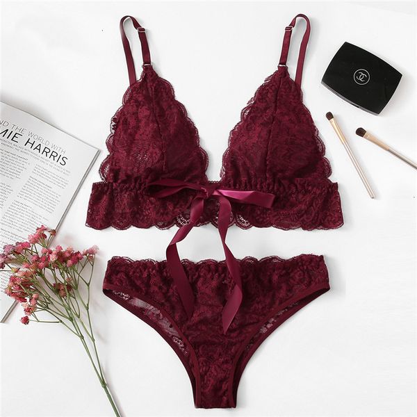 

bra set lace burgundy scalloped trim lace lingerie set women bra and brief sets wireless transparent underwear bra set, Red;black