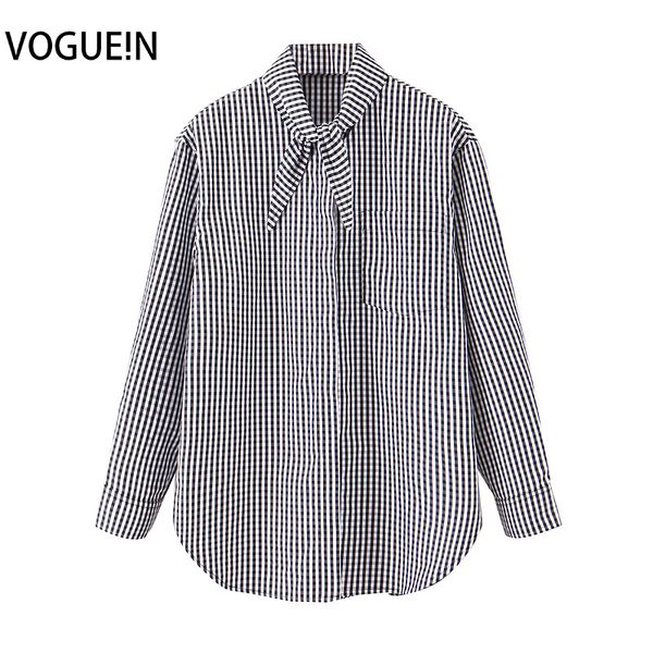 

voguein new womens casual plaid checks print bow neck long sleeve blouse shirt wholesale, White