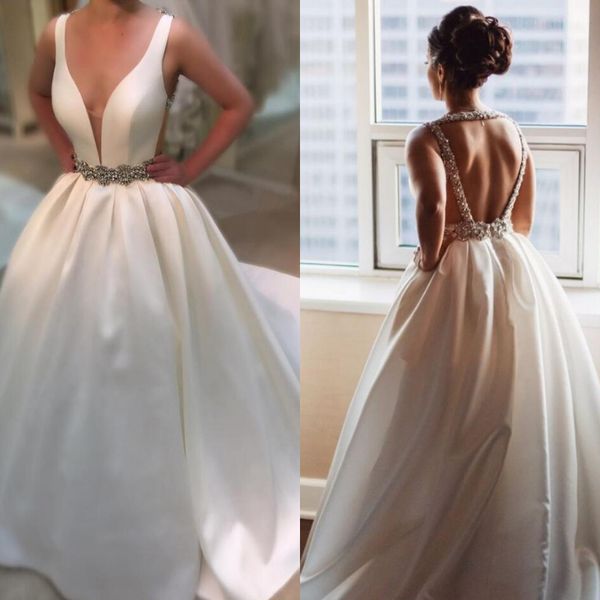 

modest beaded open back country wedding dresses deep v neck sweep train satin vintage wedding gowns 2019 fall sleeveless robes de mariée, White