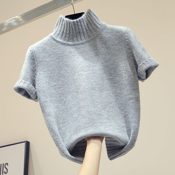 

2019 early autumn new turtleneck short sleeve sweater women korean loose simple joker sweater jacket female lady grey jumper, White;black