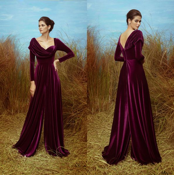 

2020 velvet prom dresses fashion jumpsuit sweetheart floor length long sleeve evening gowns custom made special occasion dress, Black;red