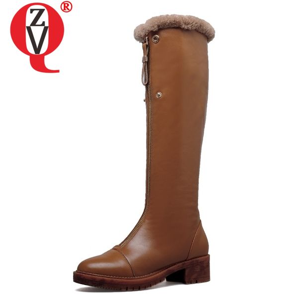 

zvq winter knee high boots woman mid heel round toe ladies warm shoes real fur genuine leather foot upper women boots heels, Black