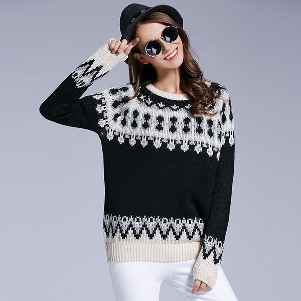 

selling autumn and winter new round neck women sweater jacquard pullover sweater women wholesale, White;black
