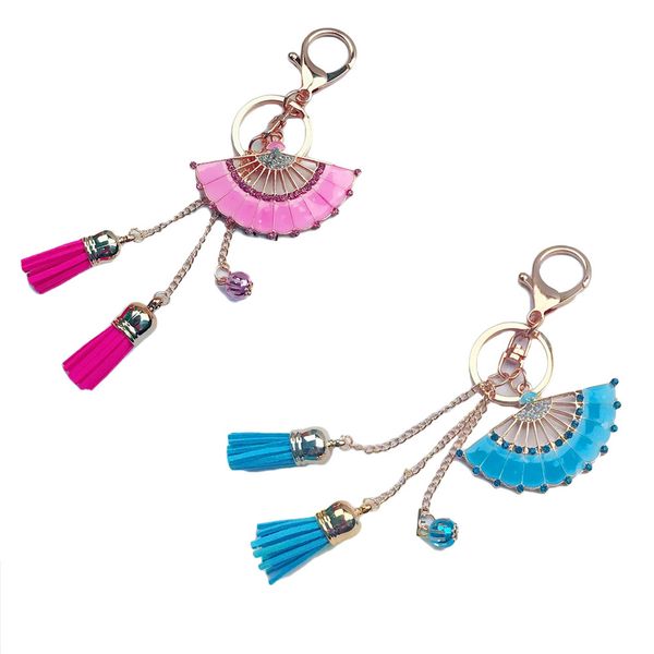 

gold color hand fan keychain leather tassel alloy key holder bag pendant jewelry creative gift crystal fan key ring, Silver