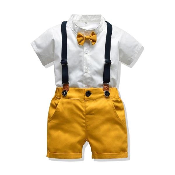 

ins new products selling summer boy's clothes with short sleeves gentleman suspender pants two-piece set children's suit cos, White