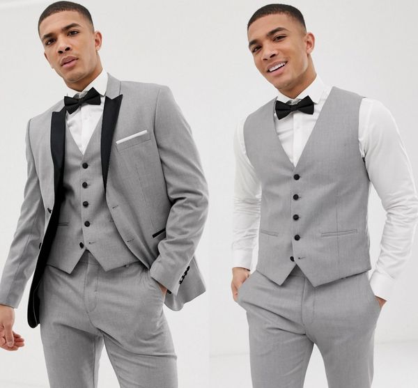 Custom Grey Mens Suits Black Lapel Slim Fit Wedding Suits For Groom / Groomsmen Prom Casual Suits Jacket+Pants+Vest+Bow Suits For Wedding Groom Tux