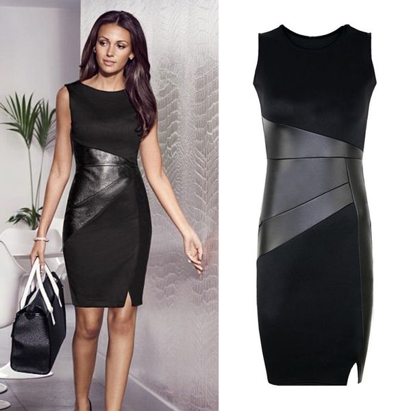 

5XL Fall Plus Size Party Dress Women Faux Leather Splice OL Black Pencil Dress O Neck Sleeveless Elegant Slim Bodycon Dress 2019