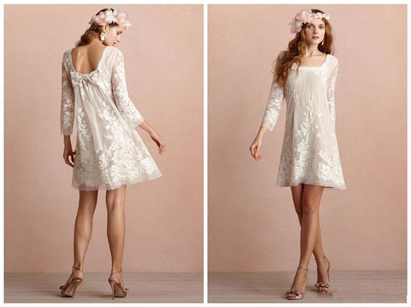 

2020 new mini short wedding dresses square neckline long sleeves backless wedding dress appliqued lace beach bridal gowns 4627, White