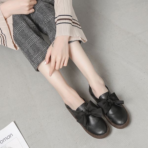

flats women 2020 new style spring autumn solid color butterfly-knot slip-on loafers female shoes mori girl sweet shoes, Black