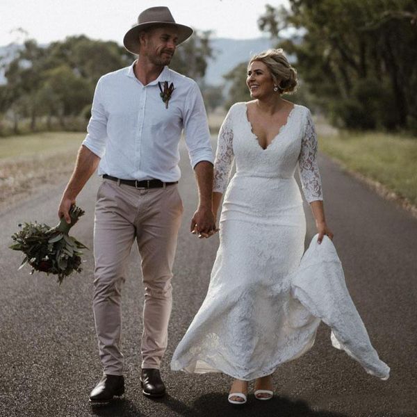 

Plus Size Full Lace Mermaid Wedding Dresses V Neck 3/4 Sleeve Country Bridal Dress Zipper Back Rustic Robe de mariee