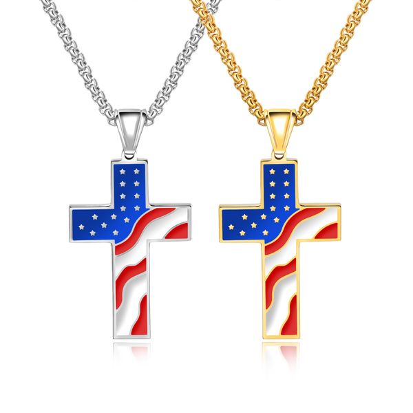 

cross necklace pendant for men stainless steel titanium necklace sliver gold usa flag hip-pop punk necklace mens jewelry for boys gift, Silver
