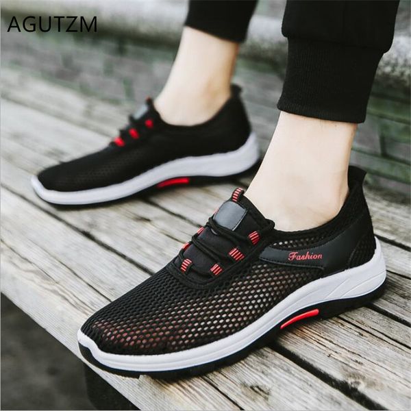 

agutzm 2019 summer men non-slip sneakers breathable mesh lace-up men shoes comfortable shallow mouth casual flat shoes q879, Black