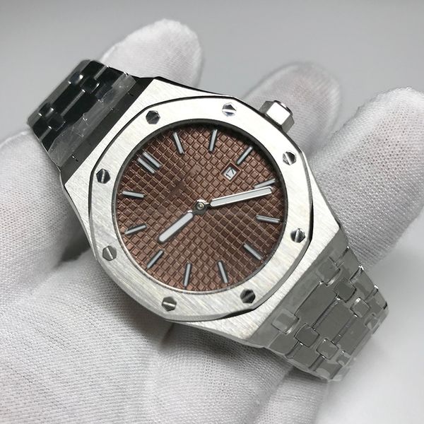 

brown dial womens watch good quality 33mm size royal oak quartz silver stainless steel bracelet folding buckle sapphire glass, Slivery;brown