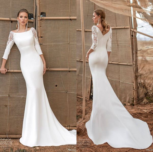 

2020 elegant mermaid wedding dresses scoop neck satin appliqued 3/4 long sleeves modest wedding dress custom made beach bridal gowns, White